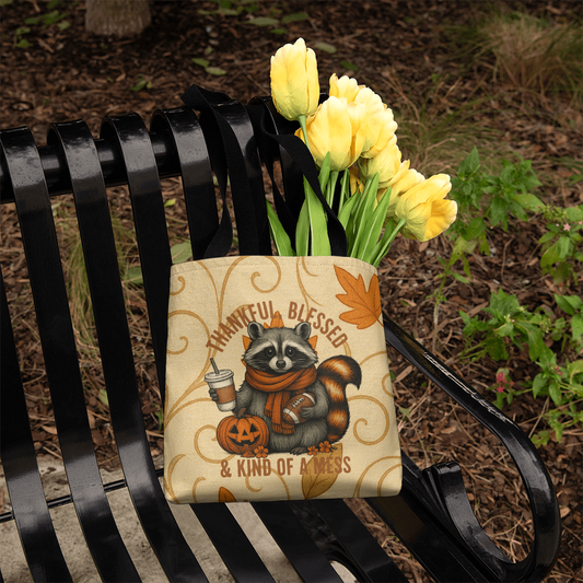 Thankful Blessed & Kind of a Mess Raccoon Fall Tote Bag | Cute Autumn Pumpkin Coffee Tote | Cozy Thanksgiving Gift for Her
