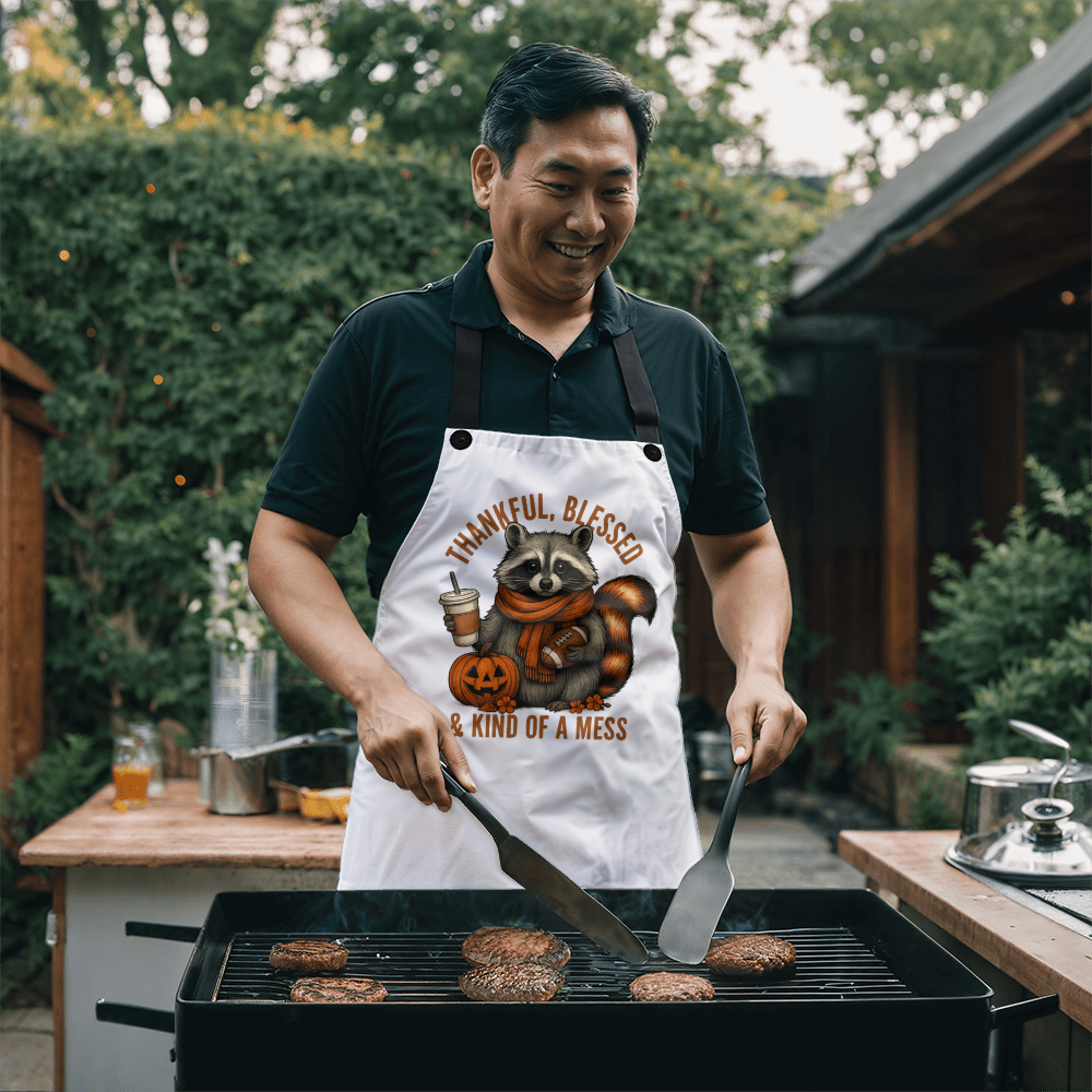 Thankful Blessed & Kind of a Mess Raccoon Apron | Funny Fall Kitchen Gift | Pumpkin Spice Baking Apron for Women, Men, or Grandma | Thanksgiving Cooking Gift