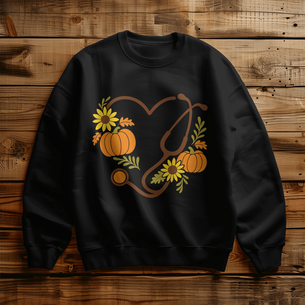 Fall Nurse Sweatshirt – Pumpkin & Sunflower Stethoscope Heart | Cozy Autumn Medical Crewneck, Healthcare Worker Gift