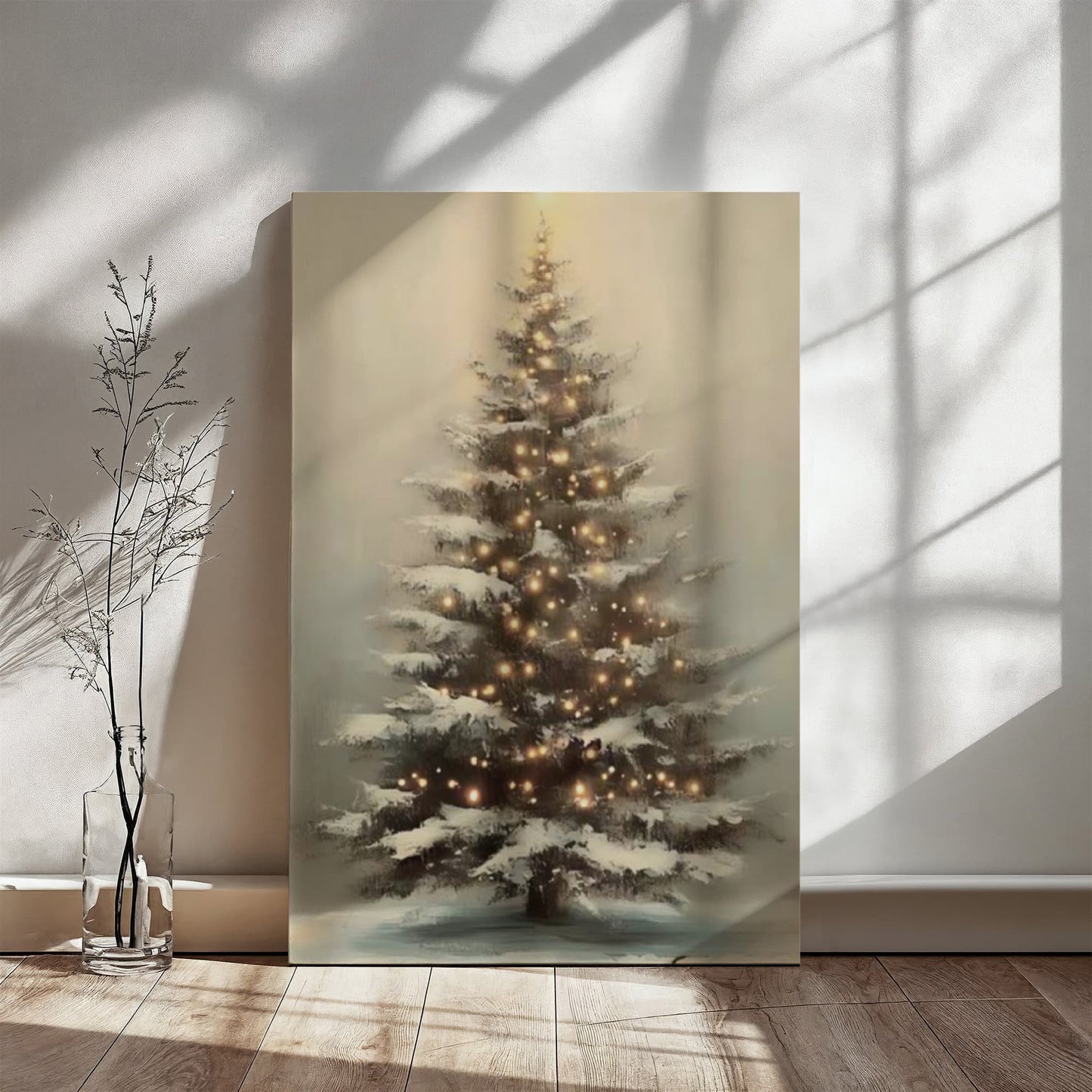 Glowing Christmas Tree Canvas Wall Art – Cozy Winter Holiday Decoration, Snowy Tree with Lights Print for Living Room or Bedroom