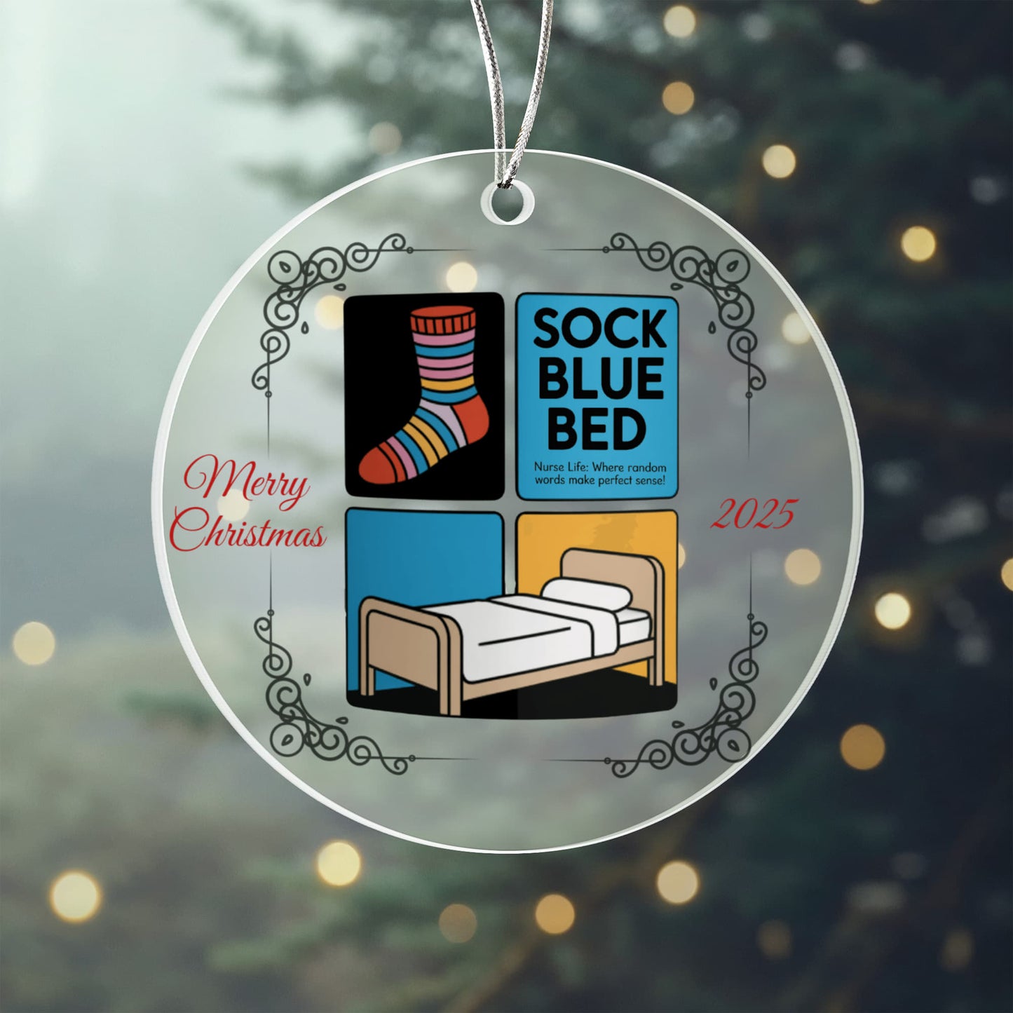 Sock Blue Bed Nurse Ornament 2025 | Funny Nursing Christmas Gift | BIM Test Joke Holiday Decor for Healthcare Workers