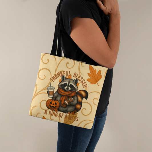 Thankful Blessed & Kind of a Mess Raccoon Fall Tote Bag | Cute Autumn Pumpkin Coffee Tote | Cozy Thanksgiving Gift for Her