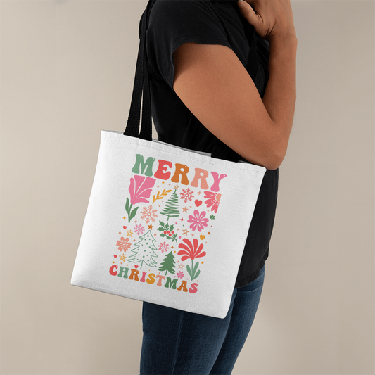 Merry Christmas Retro Tote Bag – Groovy Holiday Floral Christmas Tree Tote | Vintage Pastel Christmas Gift for Her