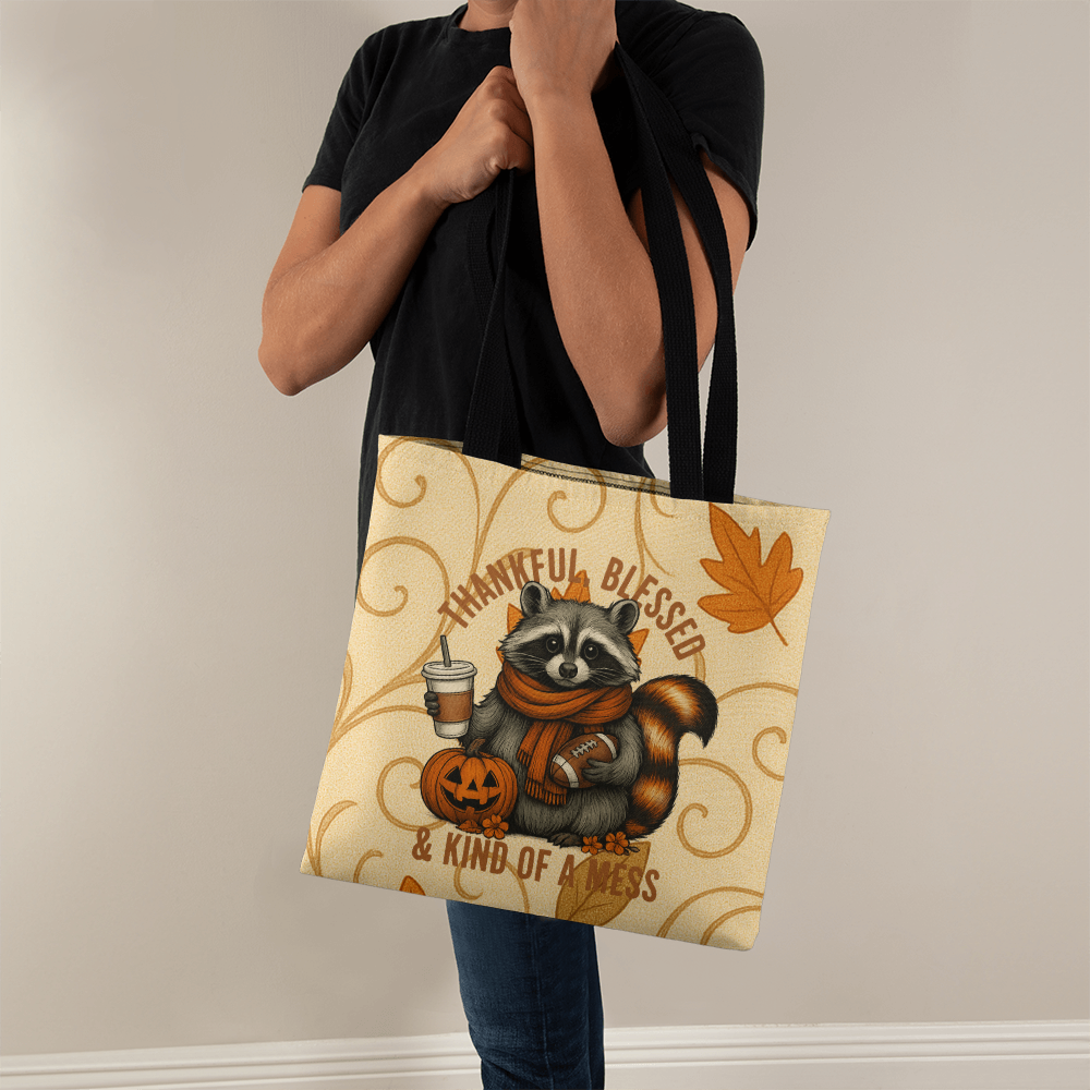 Thankful Blessed & Kind of a Mess Raccoon Fall Tote Bag | Cute Autumn Pumpkin Coffee Tote | Cozy Thanksgiving Gift for Her