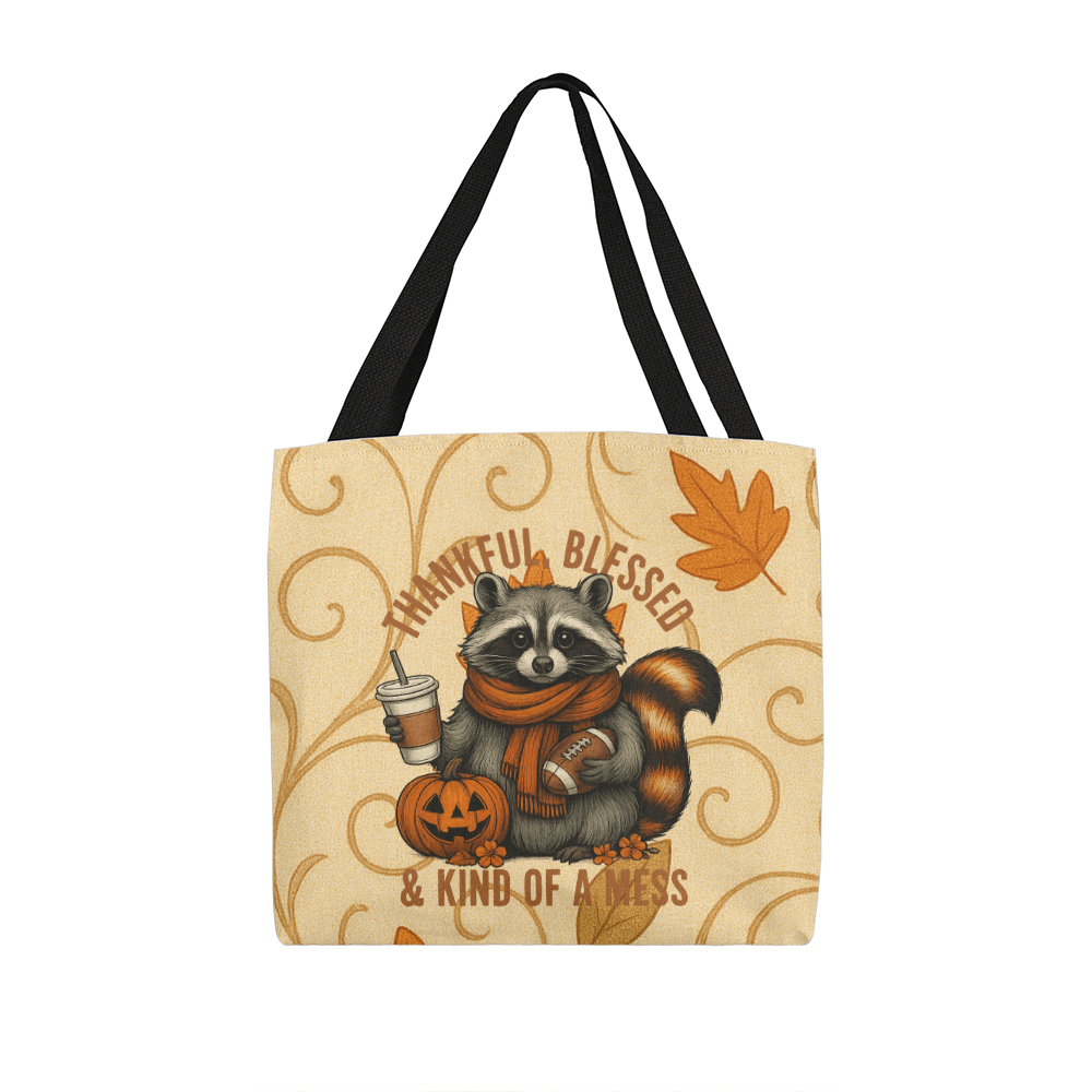 Thankful Blessed & Kind of a Mess Raccoon Fall Tote Bag | Cute Autumn Pumpkin Coffee Tote | Cozy Thanksgiving Gift for Her