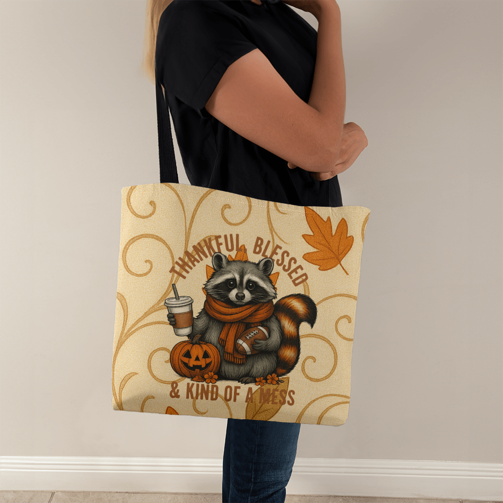 Thankful Blessed & Kind of a Mess Raccoon Fall Tote Bag | Cute Autumn Pumpkin Coffee Tote | Cozy Thanksgiving Gift for Her