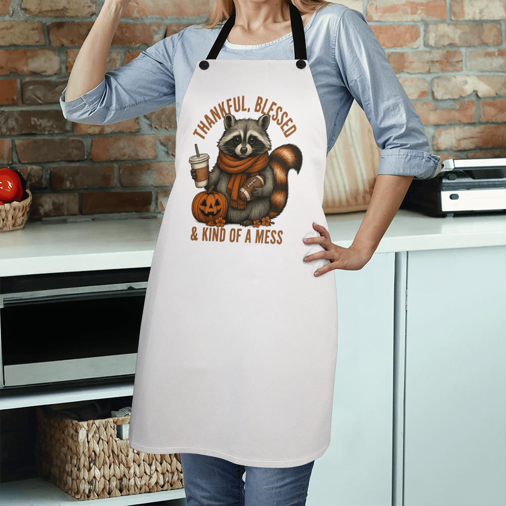 Thankful Blessed & Kind of a Mess Raccoon Apron | Funny Fall Kitchen Gift | Pumpkin Spice Baking Apron for Women, Men, or Grandma | Thanksgiving Cooking Gift