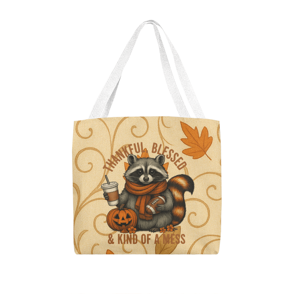 Thankful Blessed & Kind of a Mess Raccoon Fall Tote Bag | Cute Autumn Pumpkin Coffee Tote | Cozy Thanksgiving Gift for Her