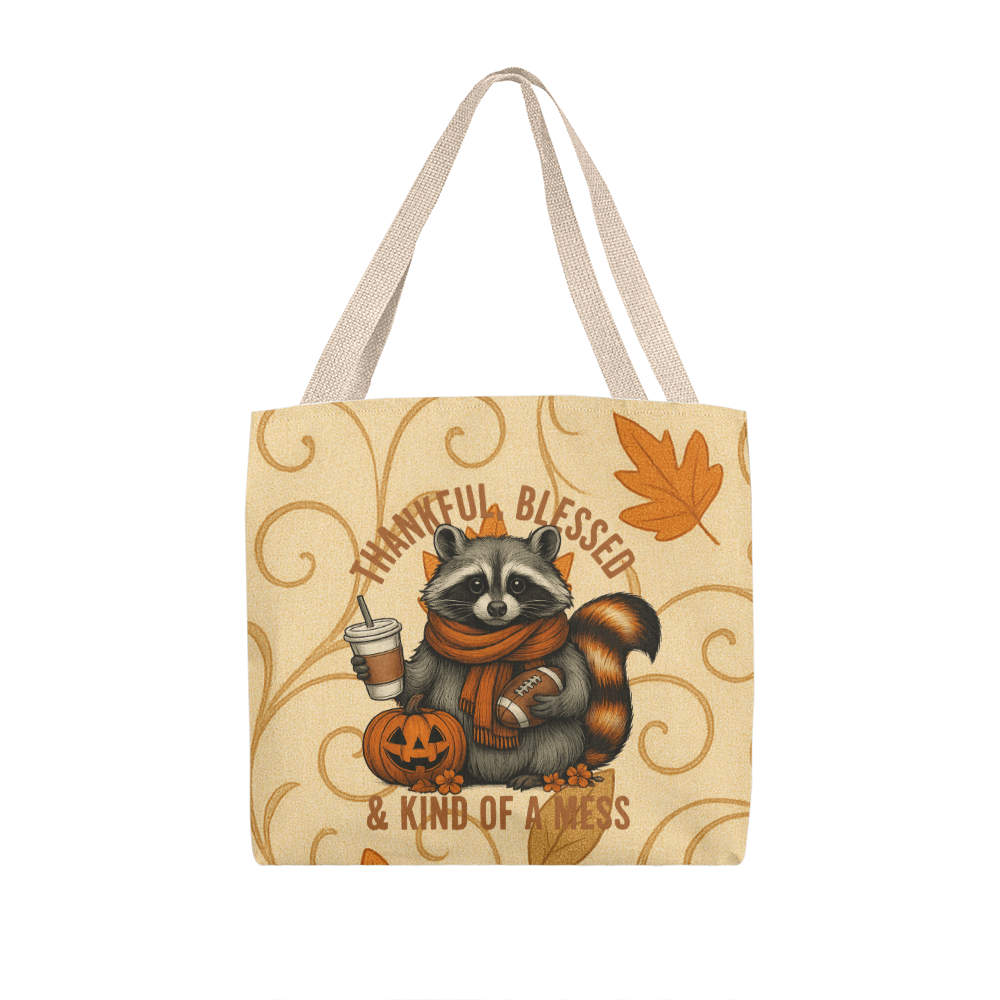 Thankful Blessed & Kind of a Mess Raccoon Fall Tote Bag | Cute Autumn Pumpkin Coffee Tote | Cozy Thanksgiving Gift for Her