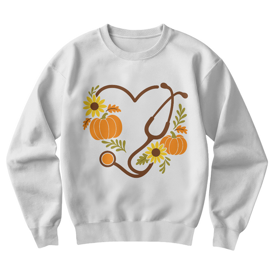 Fall Nurse Sweatshirt – Pumpkin & Sunflower Stethoscope Heart | Cozy Autumn Medical Crewneck, Healthcare Worker Gift