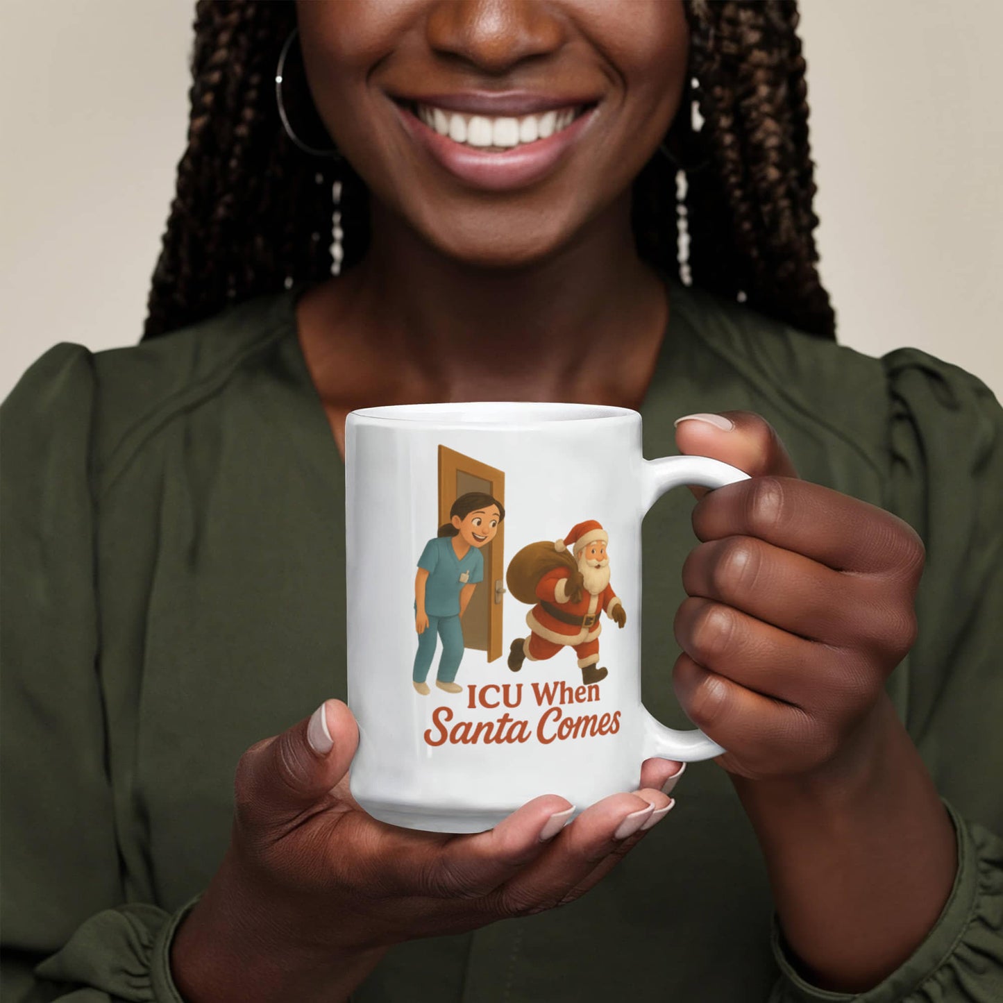 ICU When Santa Comes – Funny CNA Nurse Christmas Coffee Mug | Holiday Santa Hospital Cup | 11oz & 15oz Ceramic