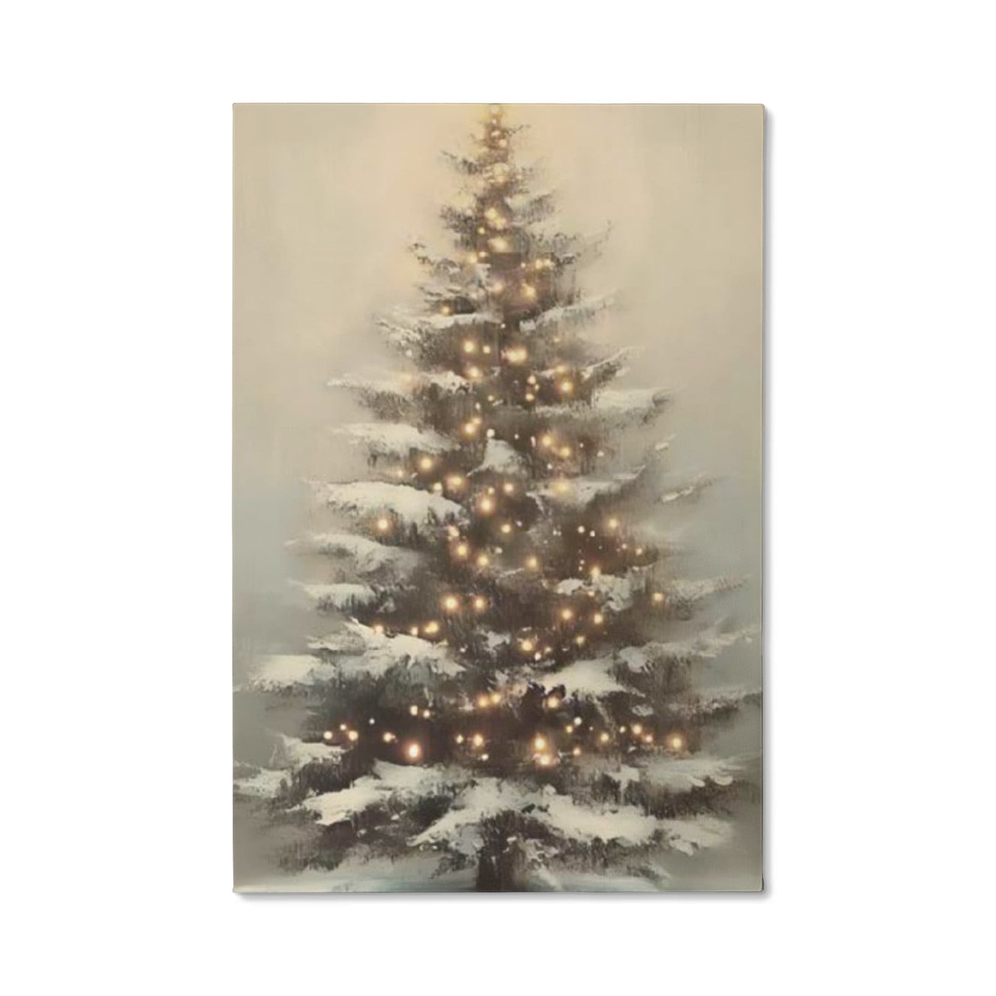 Glowing Christmas Tree Canvas Wall Art – Cozy Winter Holiday Decoration, Snowy Tree with Lights Print for Living Room or Bedroom