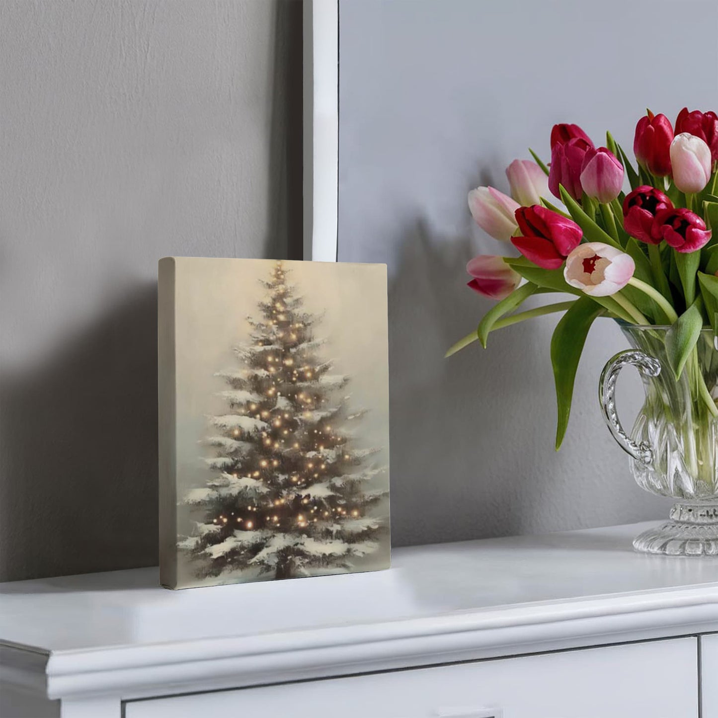 Glowing Christmas Tree Canvas Wall Art – Cozy Winter Holiday Decoration, Snowy Tree with Lights Print for Living Room or Bedroom