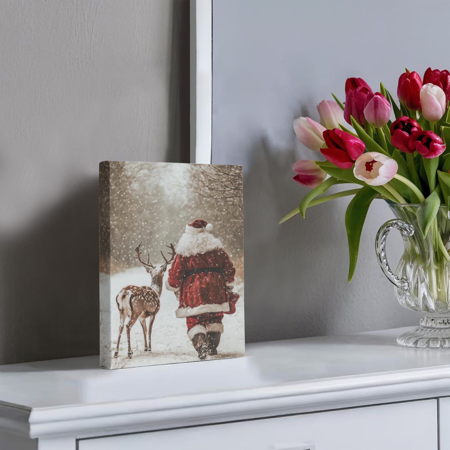 Vintage Santa and Reindeer Winter Wall Art | Christmas Snow Scene Photography Print | Cozy Rustic Holiday Home Décor