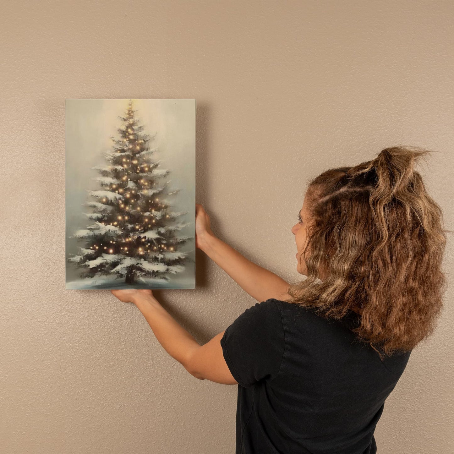 Glowing Christmas Tree Canvas Wall Art – Cozy Winter Holiday Decoration, Snowy Tree with Lights Print for Living Room or Bedroom