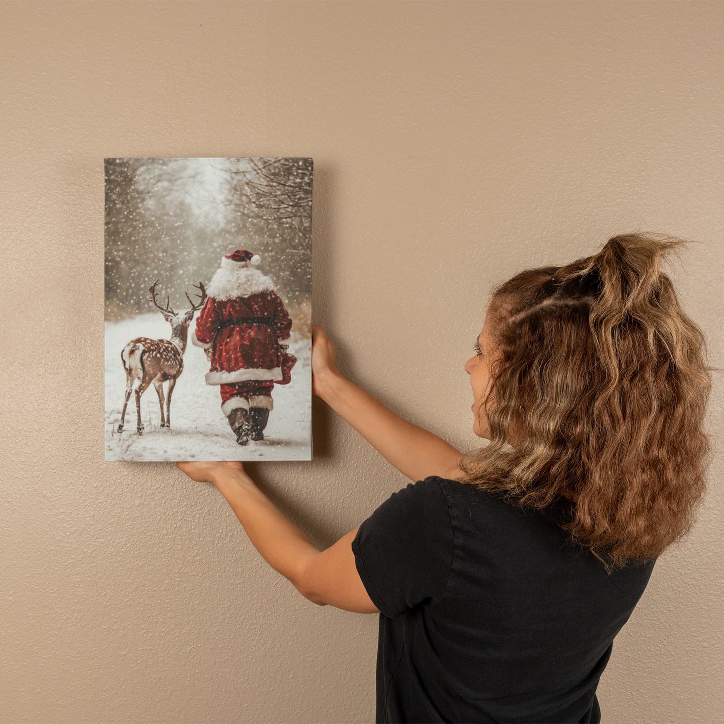 Vintage Santa and Reindeer Winter Wall Art | Christmas Snow Scene Photography Print | Cozy Rustic Holiday Home Décor