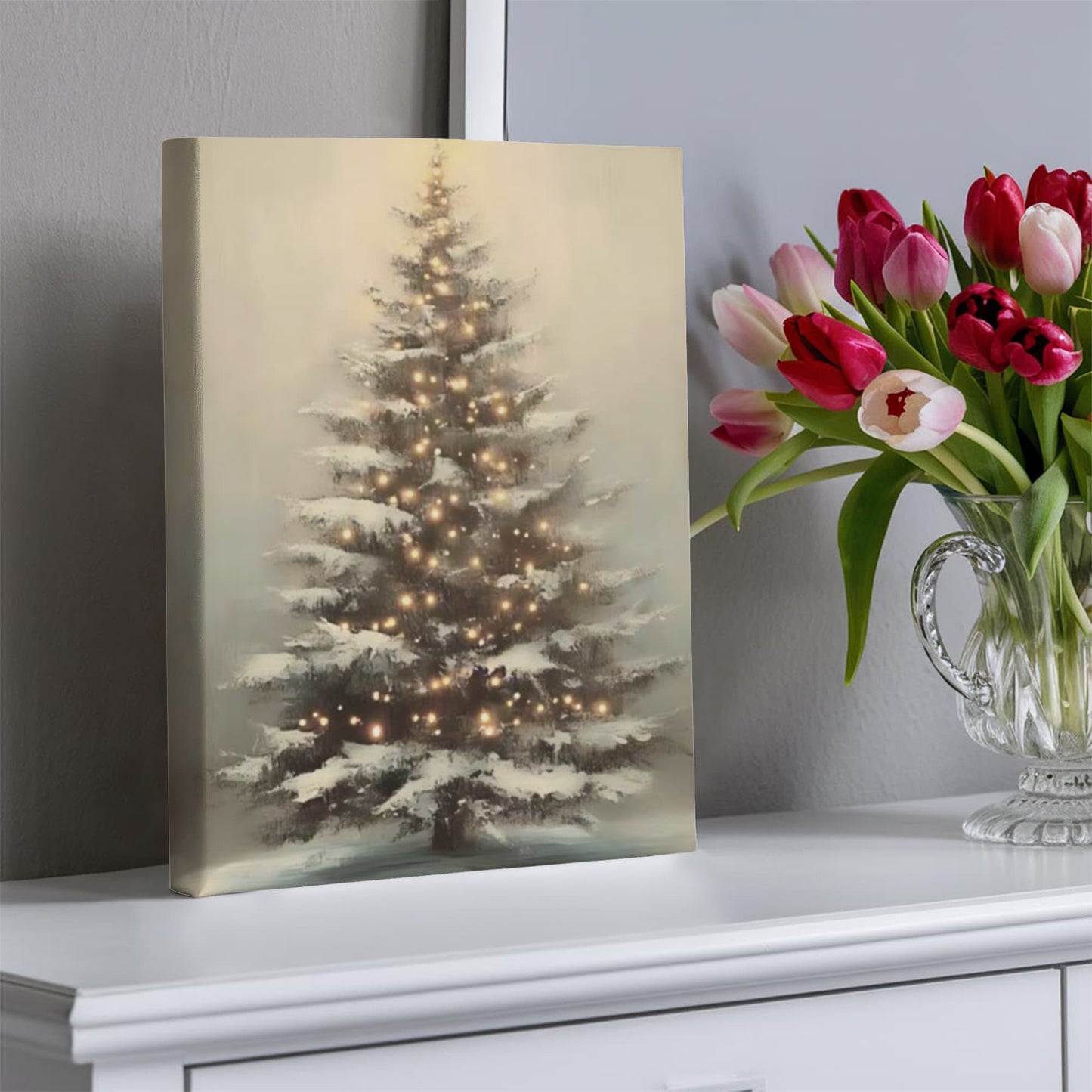 Glowing Christmas Tree Canvas Wall Art – Cozy Winter Holiday Decoration, Snowy Tree with Lights Print for Living Room or Bedroom
