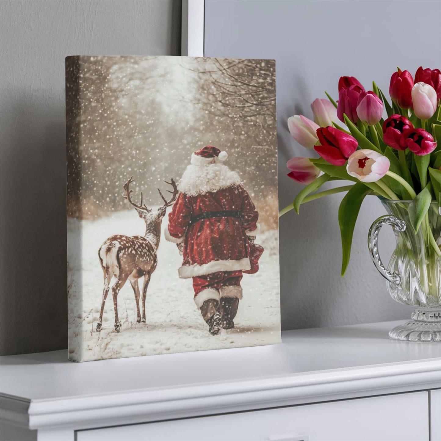 Vintage Santa and Reindeer Winter Wall Art | Christmas Snow Scene Photography Print | Cozy Rustic Holiday Home Décor