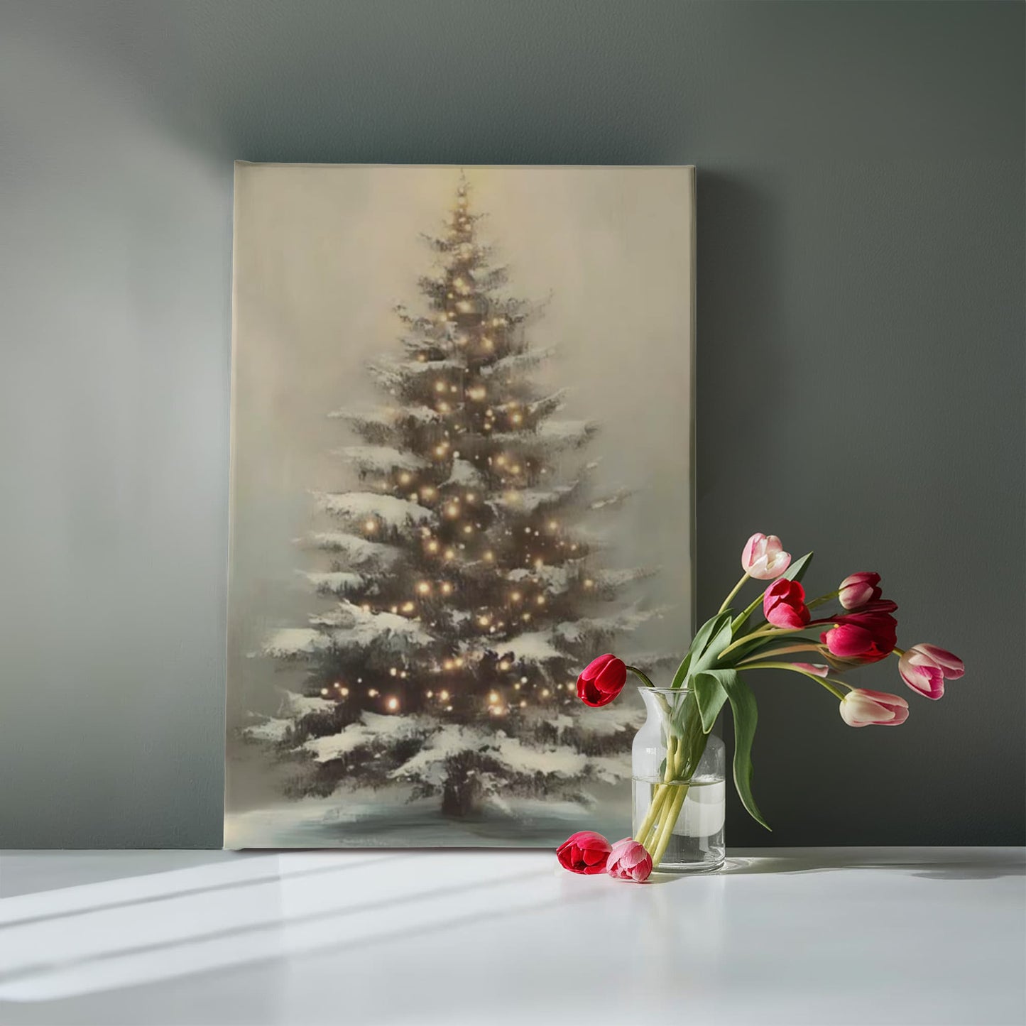 Glowing Christmas Tree Canvas Wall Art – Cozy Winter Holiday Decoration, Snowy Tree with Lights Print for Living Room or Bedroom