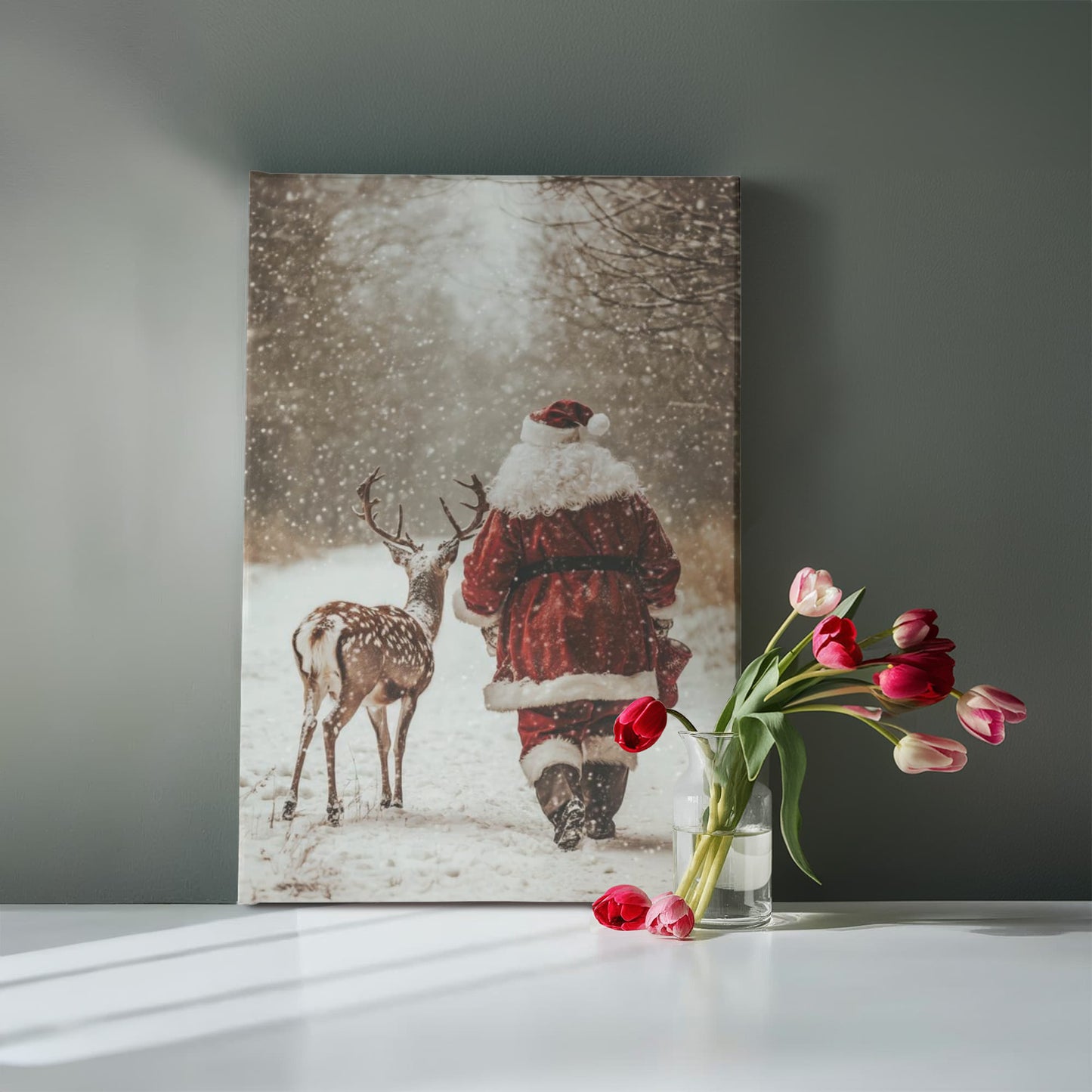 Vintage Santa and Reindeer Winter Wall Art | Christmas Snow Scene Photography Print | Cozy Rustic Holiday Home Décor