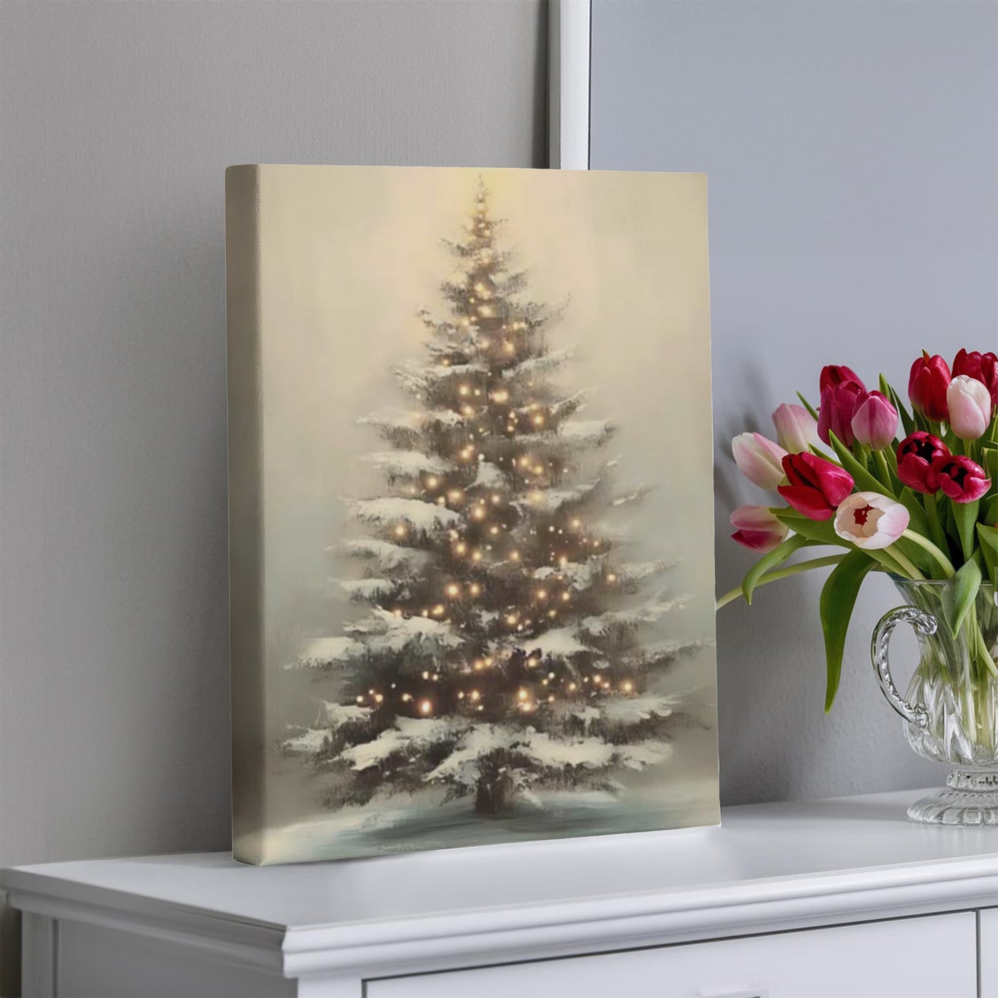 Glowing Christmas Tree Canvas Wall Art – Cozy Winter Holiday Decoration, Snowy Tree with Lights Print for Living Room or Bedroom