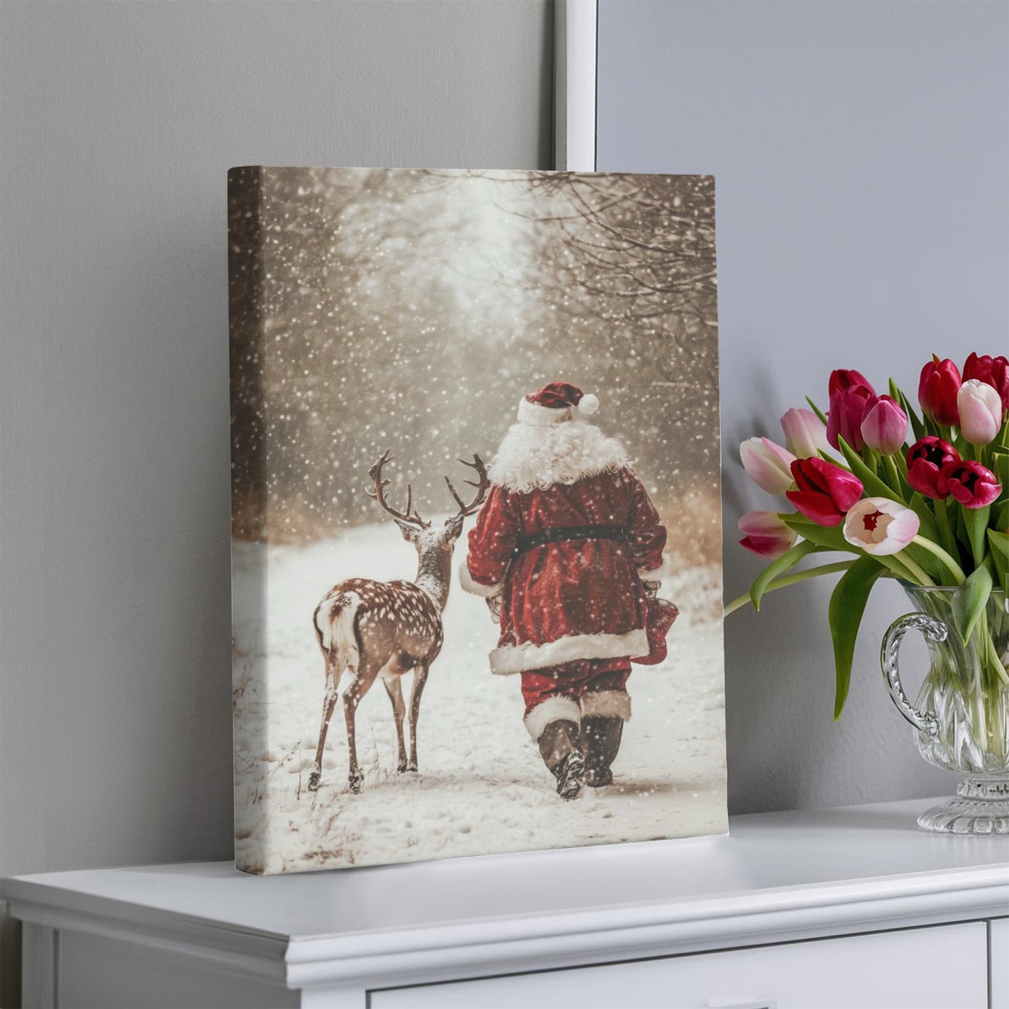 Vintage Santa and Reindeer Winter Wall Art | Christmas Snow Scene Photography Print | Cozy Rustic Holiday Home Décor
