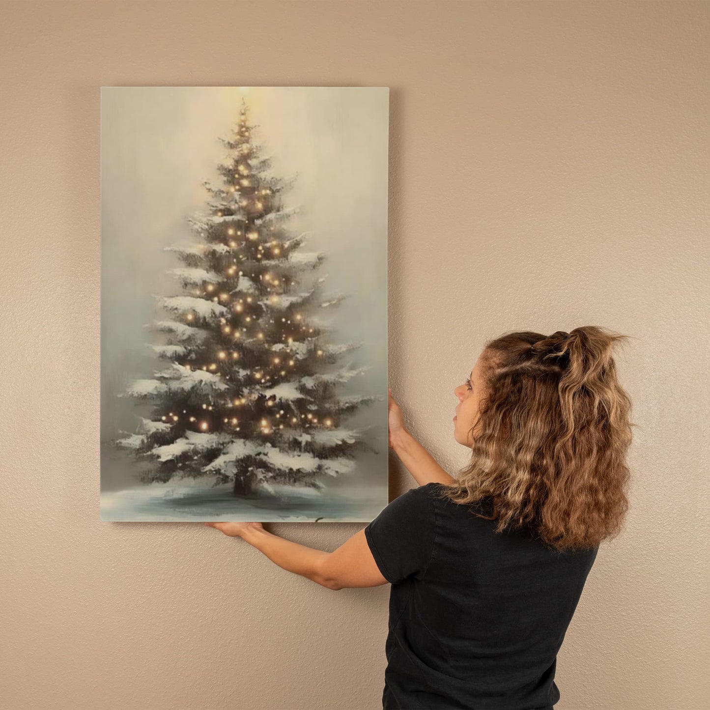 Glowing Christmas Tree Canvas Wall Art – Cozy Winter Holiday Decoration, Snowy Tree with Lights Print for Living Room or Bedroom