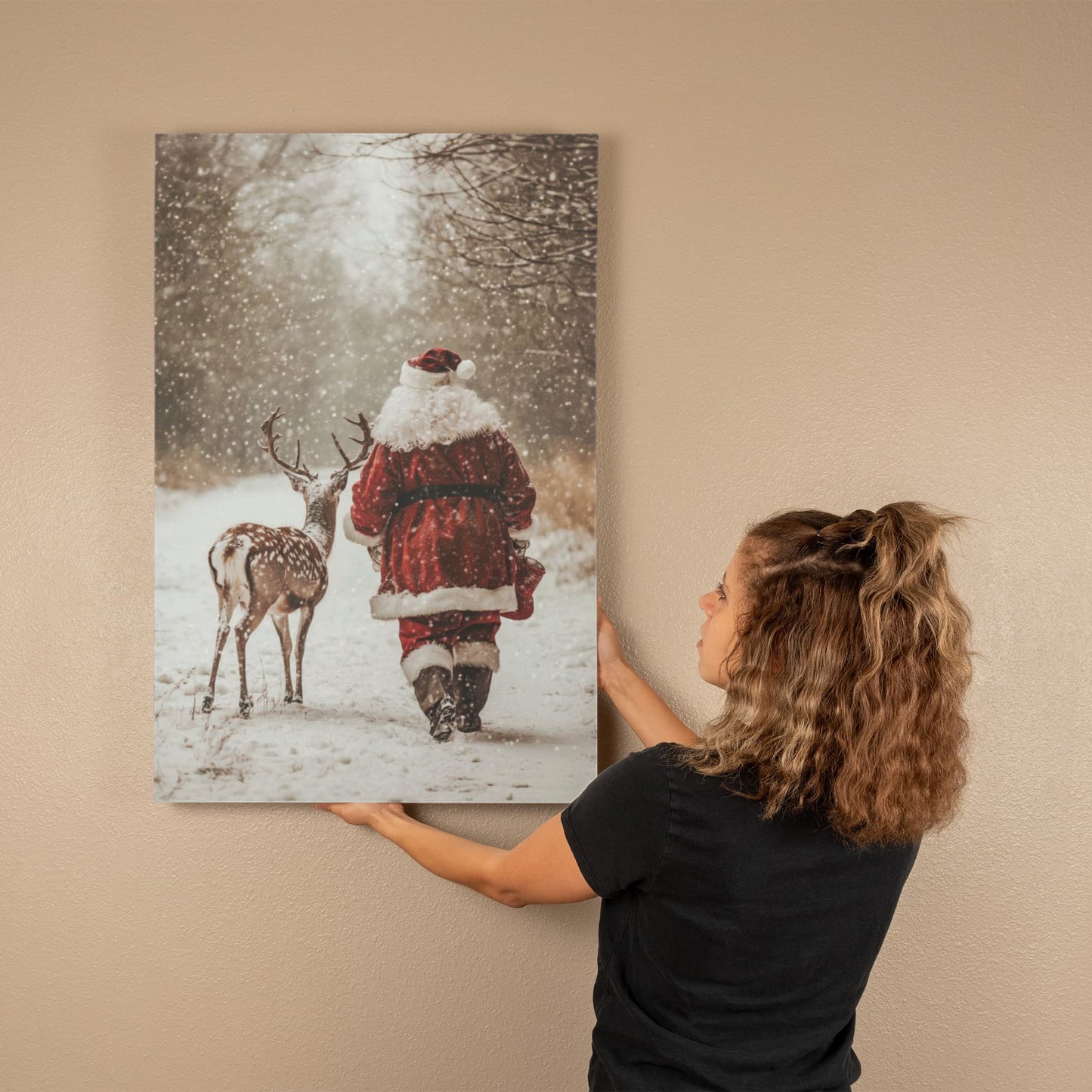 Vintage Santa and Reindeer Winter Wall Art | Christmas Snow Scene Photography Print | Cozy Rustic Holiday Home Décor