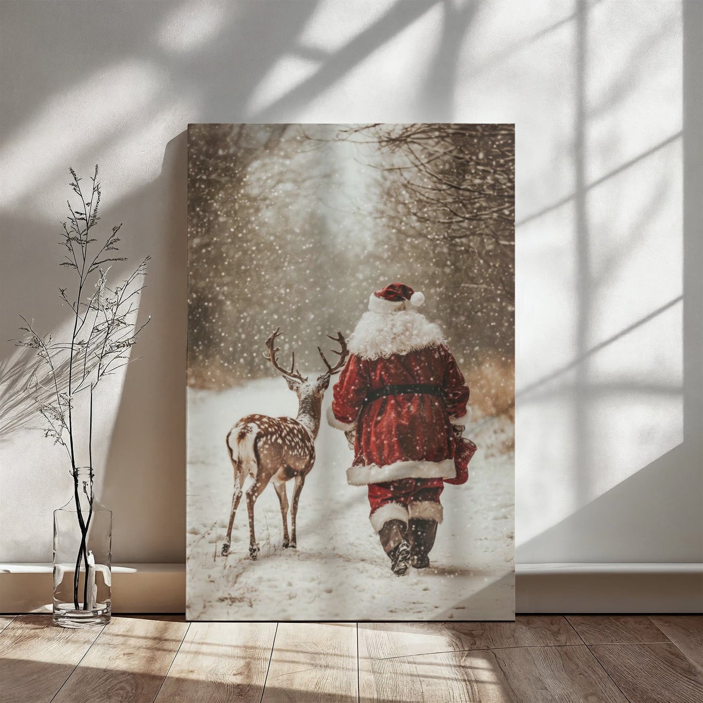 Vintage Santa and Reindeer Winter Wall Art | Christmas Snow Scene Photography Print | Cozy Rustic Holiday Home Décor