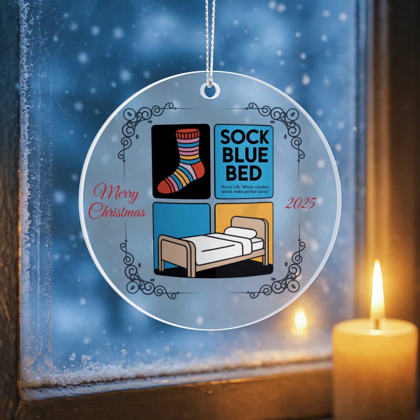 Sock Blue Bed Nurse Ornament 2025 | Funny Nursing Christmas Gift | BIM Test Joke Holiday Decor for Healthcare Workers